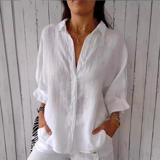 Blusa Feminina Casual Linho e Algodão com Detalhes em Renda